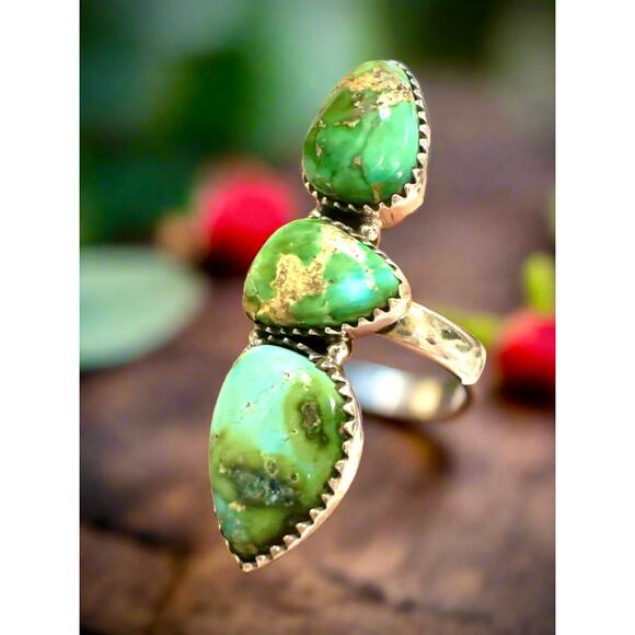 Sonoran Gold Turquoise Three Stone Ring Sterling Adjustable 5-10 - Picture 6 of 8